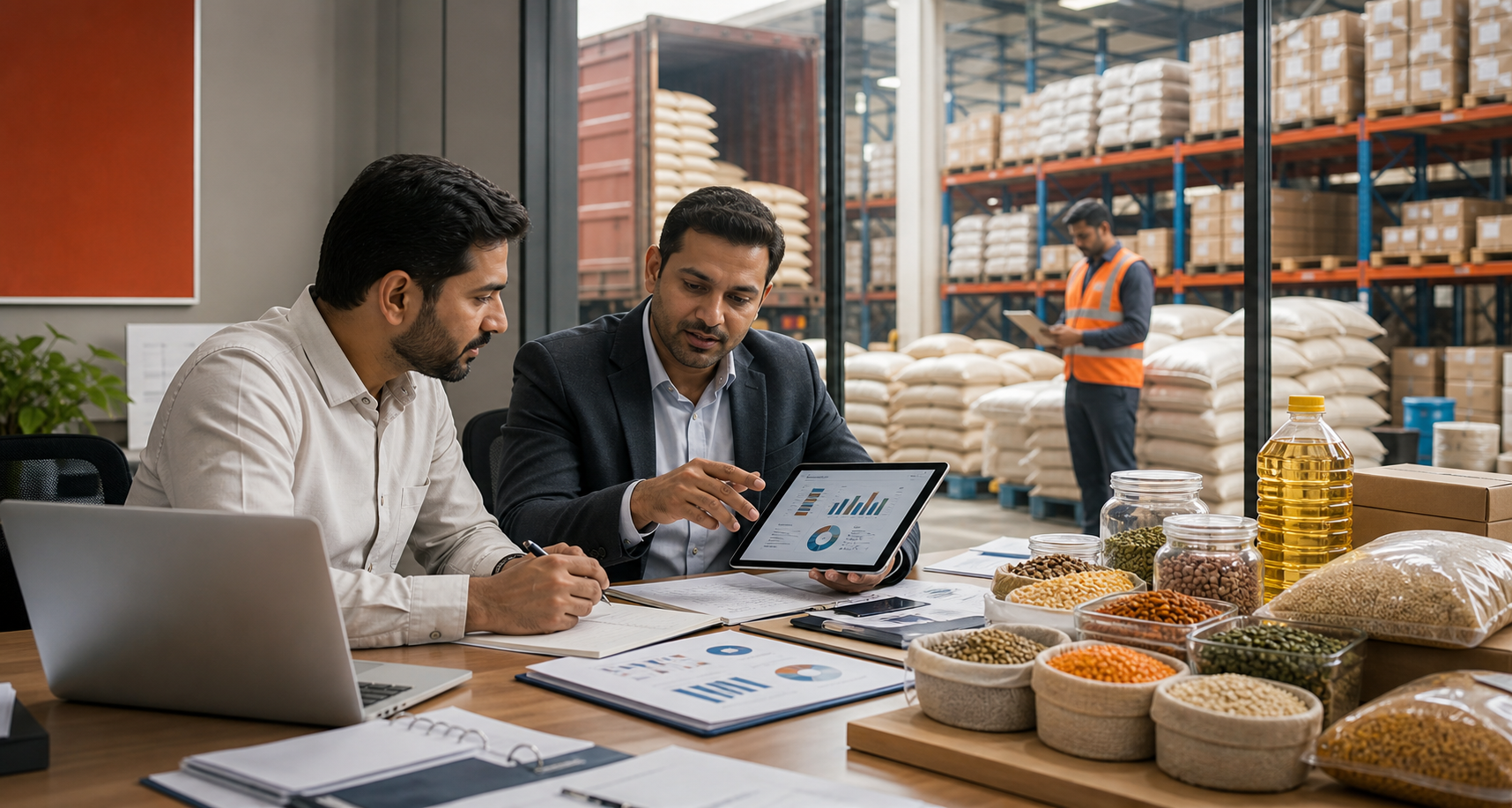 Supply planning desk with commodity samples and logistics dashboard